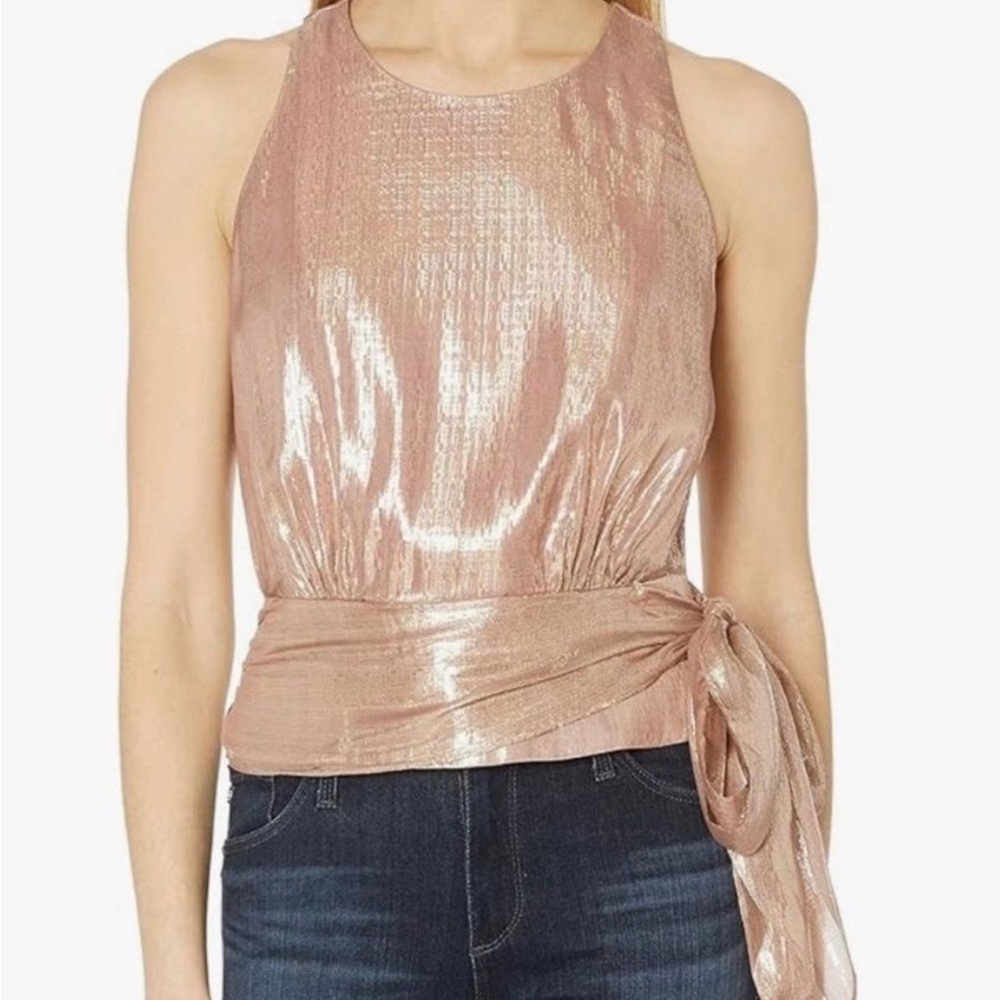 Milly rose gold metallic silk blend blouse with side tie and high neck